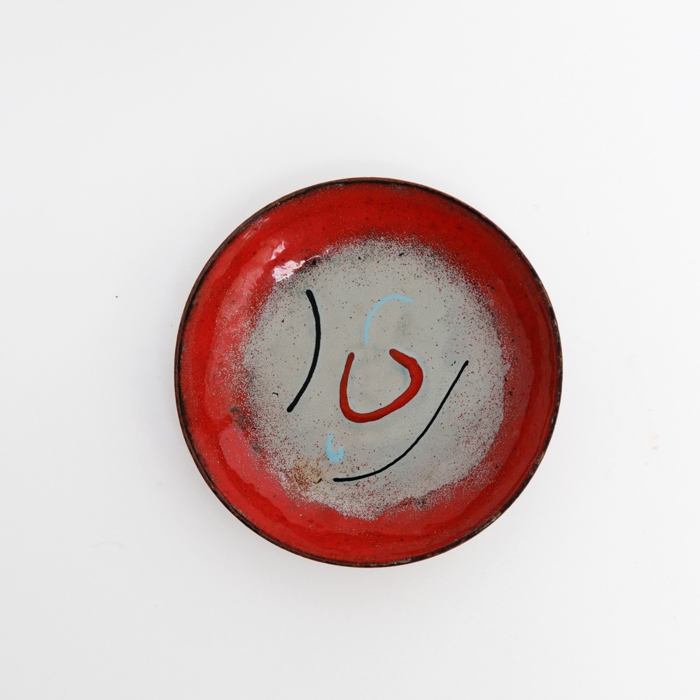 Vintage Enamel on Copper Trinket Dish Abstract Art Pattern Red White Mid-Century